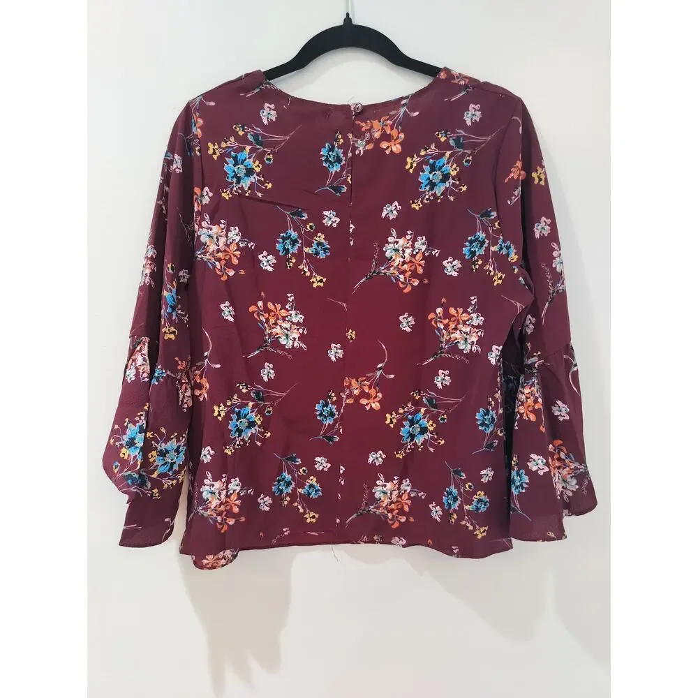 Passport Women’s XL Burgundy Floral Blouse Long Sleeve Ruffle Cuff Top - Picture 4 of 8